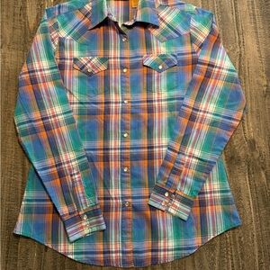 Wrangler Blue Green Orange Plaid Womens pearl snap Shirt